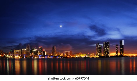 Miami Skyline At Night Right After Sundown