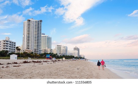 Miami South Beach With Blue Sky And Hotels