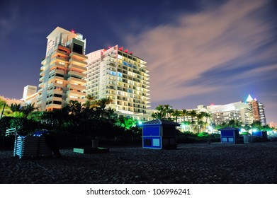 Miami South Beach At Night With Hotel Buildings