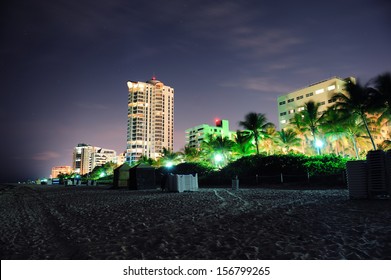 Miami South Beach At Night With Hotel Buildings