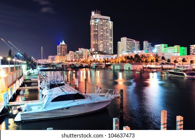 Miami South Beach Street View With Water Reflections At Night