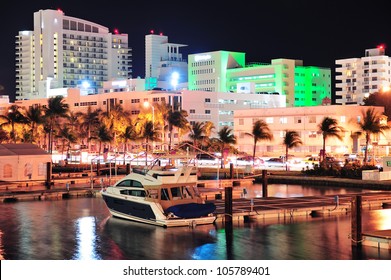 Miami South Beach Street View With Water Reflections At Night