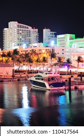 Miami South Beach Street View With Water Reflections At Night