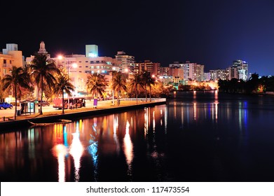 Miami South Beach Street View With Water Reflections At Night