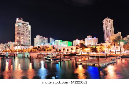 Miami South Beach Street View With Water Reflections At Night