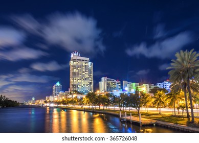 Miami South Beach Street View With Water Reflections At Night