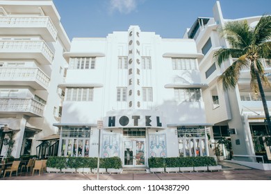 MIAMI, UNITED STATES OF AMERICA - MAY 1st: Ocean Drive Art Deco Buildings Congress Hotel On MAY 1, 2017 In MIAMI, UNITED STATES OF AMERICA