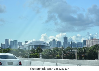 Miami, United States - July 4,2017: Downtown Miami Skyline From Dolphin Expressway On A Cloudy Day