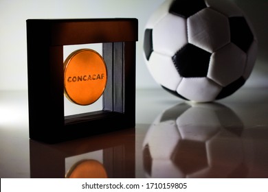 Miami, United States – March 25, 2020: FIFA’s (CONCACAF) Confederation Of North, Central American And Caribbean Association Football Logo With Soccer Ball Before World Cup, Olympic Games, Gold Cup 