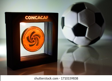 Miami, United States – March 25, 2020: FIFA’s (CONCACAF) Confederation of North, Central American and Caribbean Association Football logo with soccer ball before World Cup, Olympic games, Gold Cup 