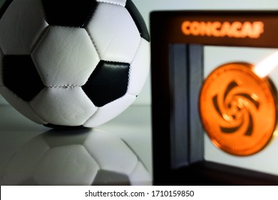 Miami, United States – March 25, 2020: FIFA’s (CONCACAF) Confederation Of North, Central American And Caribbean Association Football Logo With Soccer Ball Before World Cup, Olympic Games, Gold Cup 