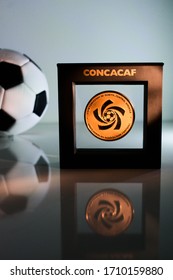 Miami, United States – March 25, 2020: FIFA’s (CONCACAF) Confederation Of North, Central American And Caribbean Association Football Logo With Soccer Ball Before World Cup, Olympic Games, Gold Cup 