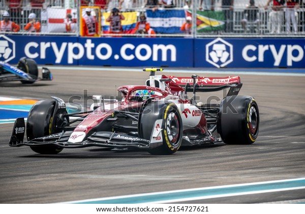 MIAMI, UNITED STATES - May 08, 2022: Zhou\
Guanyu, from China competes for the Alfa Romeo Racing at round 05\
of the 2022 FIA Formula 1\
championship.