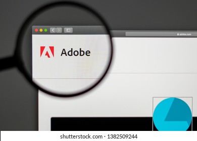 Miami / USA - 04.28.2019: Adobe company website homepage. Close up of Adobe logo. Can be used as illustrative for news media or other websites, good for info, business or marketing concept.