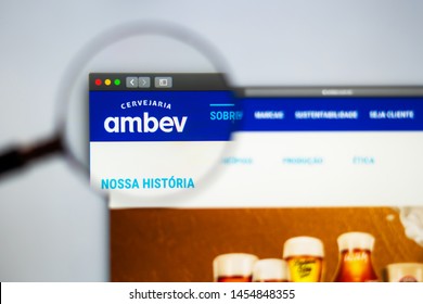 Miami / USA - 07.18.2019: Ambev company website homepage. Close up of Ambev logo. Can be used as illustrative for news media or other websites, good for business or marketing concept.