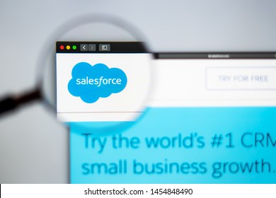 Miami / USA - 07.18.2019: SalesForce company website homepage. Close up of Sales Force logo. Can be used as illustrative for news media or other websites, good for business or marketing concept.