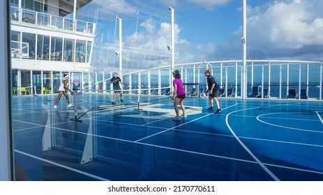 Miami, USA - April 29, 2022: The People Playing At Upper Deck With Mini Basketball Court At Cruise Liner Or Ship Symphony Of The Seas By Royal Caribbean