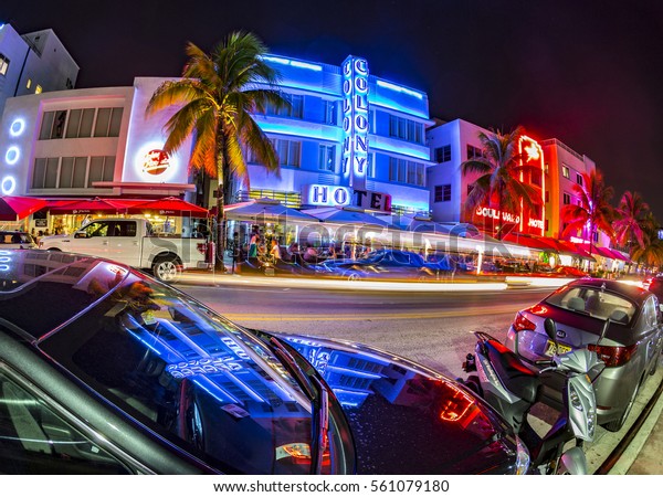 MIAMI, USA - AUG 19, 2014:\
Ocean drive buildings in Art deco style in Miami, USA. Art Deco\
district architecture is one of the main tourist attractions in\
Miami.