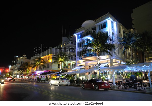 MIAMI, USA - DEC 1: Miami South Beach\
Art Deco District at Night, Ocean Drive. Miami Art Deco District.\
December 1, 2009 in Miami South Beach, Florida,\
USA
