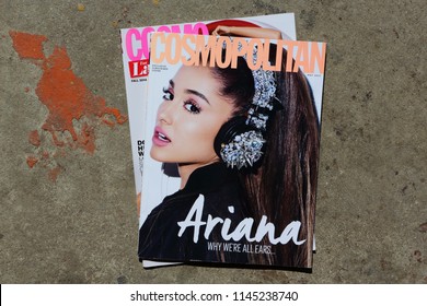 MIAMI, USA - JULY 05, 2018: stack of US edition of magazine Cosmopolitan witch ARIANA on cover, top US edition.
