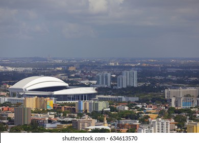 MIAMI, USA - MARCH 1, 2017: Aerial Photo Of Marlins Park Baseball Stadium Home To The Florida Marlins LoanDepot Park