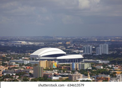 MIAMI, USA - MARCH 1, 2017: Aerial Photo Of Marlins Park Baseball Stadium Home To The Florida Marlins LoanDepot Park