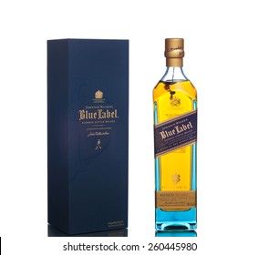 MIAMI, USA - March 14, 2015: Bottle of Johnnie Walker Blue Label. The pinnacle whisky of the House of Walker it is the epitome of blending.