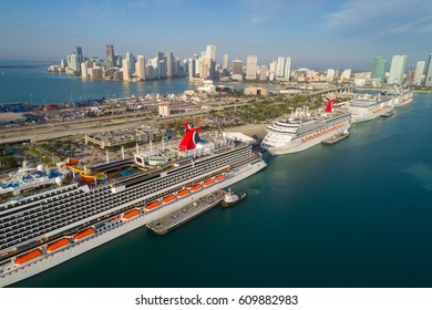 MIAMI, USA - MARCH 15, 2017: Aerial image of ships at Port Miami with views of Downtown Miami in the background