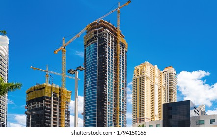 Miami, USA - MAY, 2020: Building Bussiness. Investments. Skyscraper Construction. Real Estate Business In The USA