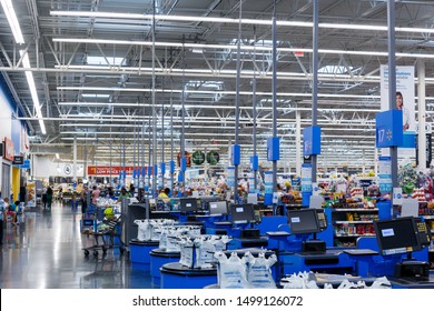 Miami/USA - April, 25 2019: Rows with products in Walmart. Walmart Inc. is an American multinational retail corporation  operates a chain of hypermarkets, discount department stores and grocery stores