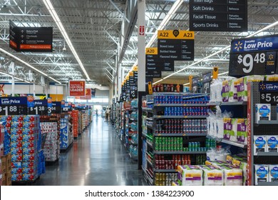 Miami/USA - April, 25 2019:Rows with products in Walmart. Walmart Inc. is an American multinational retail corporation  operates a chain of hypermarkets, discount department stores, and grocery stores