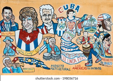 MIAMI,USA - MAY 19,2014 : Street Painting Portraying Several Famous Cuban Musicians And Cultural Icons In Little Havana