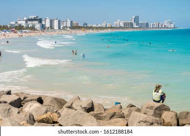 Miami,USA-march 15,2018:people On Hte Beach In Miami Beach South Point Park Pier During A Sunny Day.