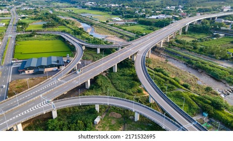 Miaoli, Taiwan - 03 June 2022: Highway Intersection, Direct Interchange Aerial Shot, A Shortcut Path To The Tongluo Science Park