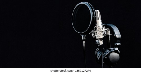 Mic Condenser On Mic Stand With Pop Filter And Headphones