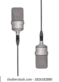 Mic - Two Professional Large-diaphragm Microphone Hanging From A Long Cable. Isolated White Background