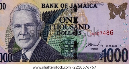 Michael Manley. Portrait from Jamaica 1000 Dollars 2007 Banknotes. 