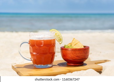 Michelada Beer And Guacamole At Mexican Beach