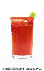 Michelada is a Mexican way of serving beer, it can be mixed with tomato juice and other goodies. In this image the glass is garnished with chamoy sauce,  celery, and chili powder.