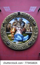 Michelangelo Art Work. Holy Family Painting. Renaissance Period Picture. Uffizi Gallery. Florence. Italy. July 2015.