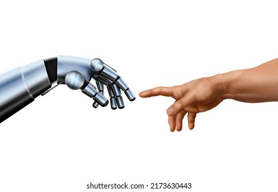 Michelangelo, the Creation of Adam, with robots.
A modern transposition of Michelangelo's painting, with replacement of the robotic hands. - Shutterstock ID 2173630443
