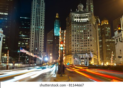 Michigan Avenue In Chicago. Image Of Busy Traffic At Chicago Night Street.