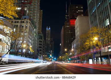 Michigan Avenue In Chicago. Image Of Busy Traffic At Chicago Night Street.