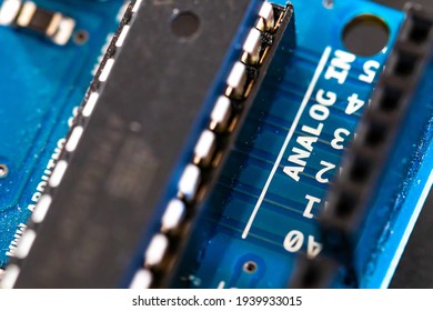 Micro controller close-up, ANALOG IN Input pin detail. Open source microcontroller for DIY projects. STEM education tool for electronics
