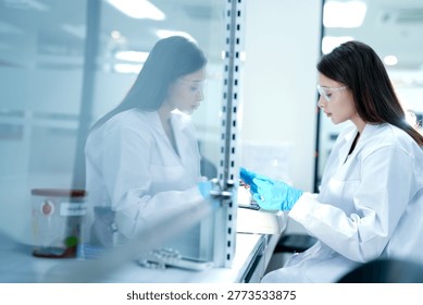 A microbiologist performs aseptic techniques in a laminar flow hood. She is processing a biological sample for pharmaceutical research and drug development.