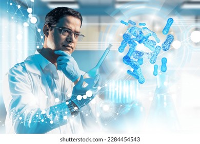 microbiome of human body. Probiotics in immune system. Probiotic background. Microbiome elements on blue. Immune system of body. Human health background. Probiotics texture pattern. - Shutterstock ID 2284454543