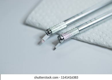 Microblading Tools Used For Applying Permanent Eyebrow Makeup. Eyebrow Tattoo Application Tools