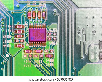 Microchip background - close-up of electronic circuit board with processor