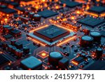 Microchip close-up with beautiful light. Puce électronique, processeur en gros plan avec une belle lumière.