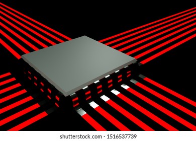 Microchip on black background with red neon tracks, 3D render